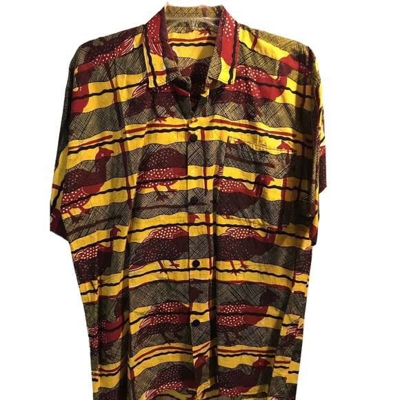 Vintage Men's L Yellow Striped Red Bird Print Short Sleeve button Down Shirt - Picture 1 of 12